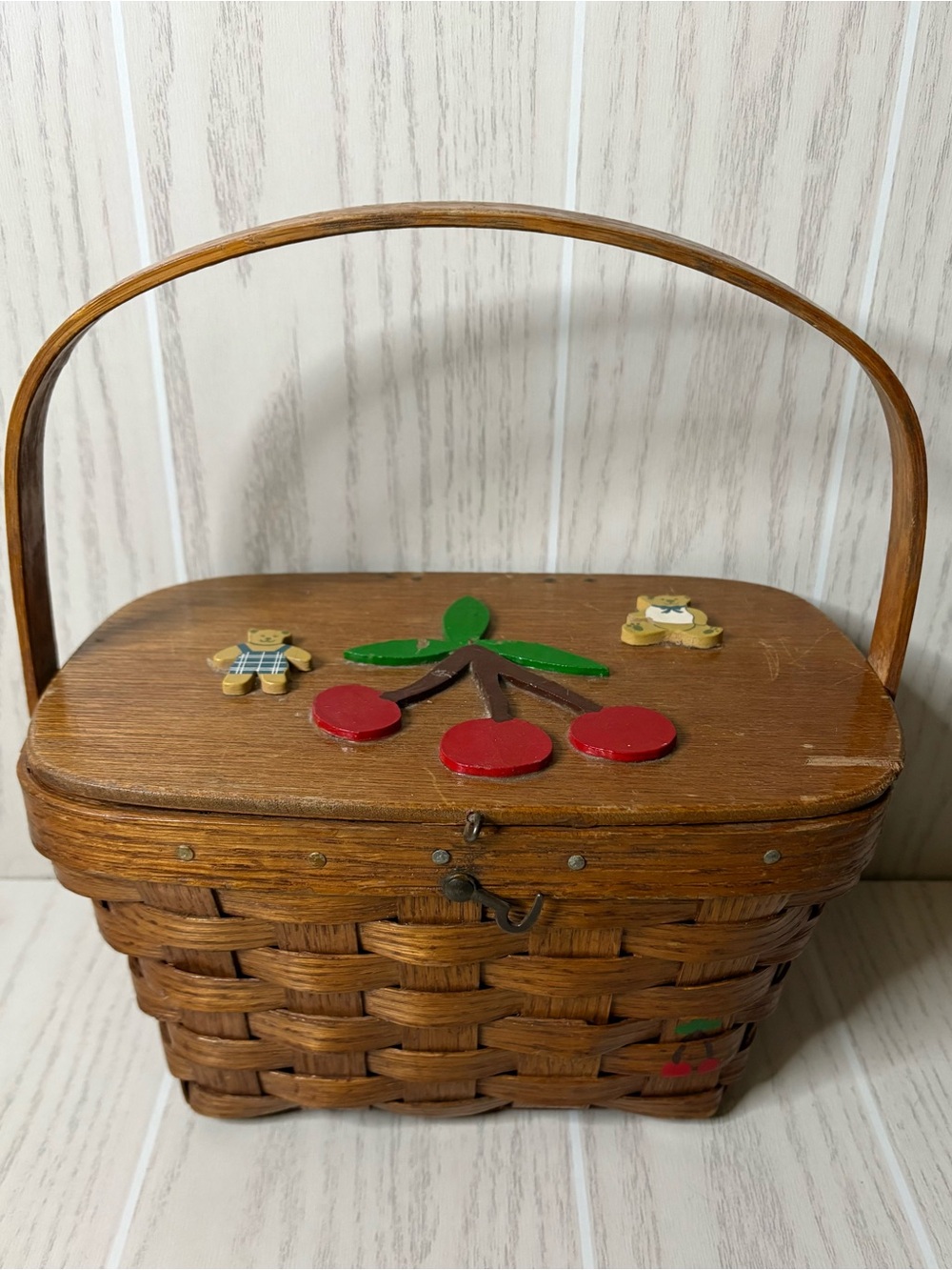Vintage Wooden Cherry Basket Sewing Box Picnic Basket Hinged Cottagecore